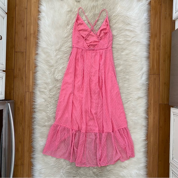 Lulus Bubblegum Pink Swiss Dot Effortlessly Easy High-Low Midi Wrap Dress XS - Picture 8 of 12